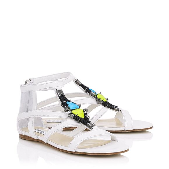JIMMY CHOO NANO OPTIC WHITE LEATHER JEWELED CAGE FLATS GLADIATORS SANDALS 39